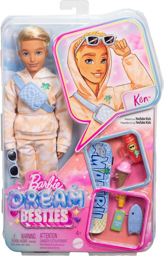 Barbie Dream Besties Doll and Ken Posable Fashion Removable Fashion Blonde 9 Pieces with Summer and Skateboard Themes Accessories, Doll, & Hair,