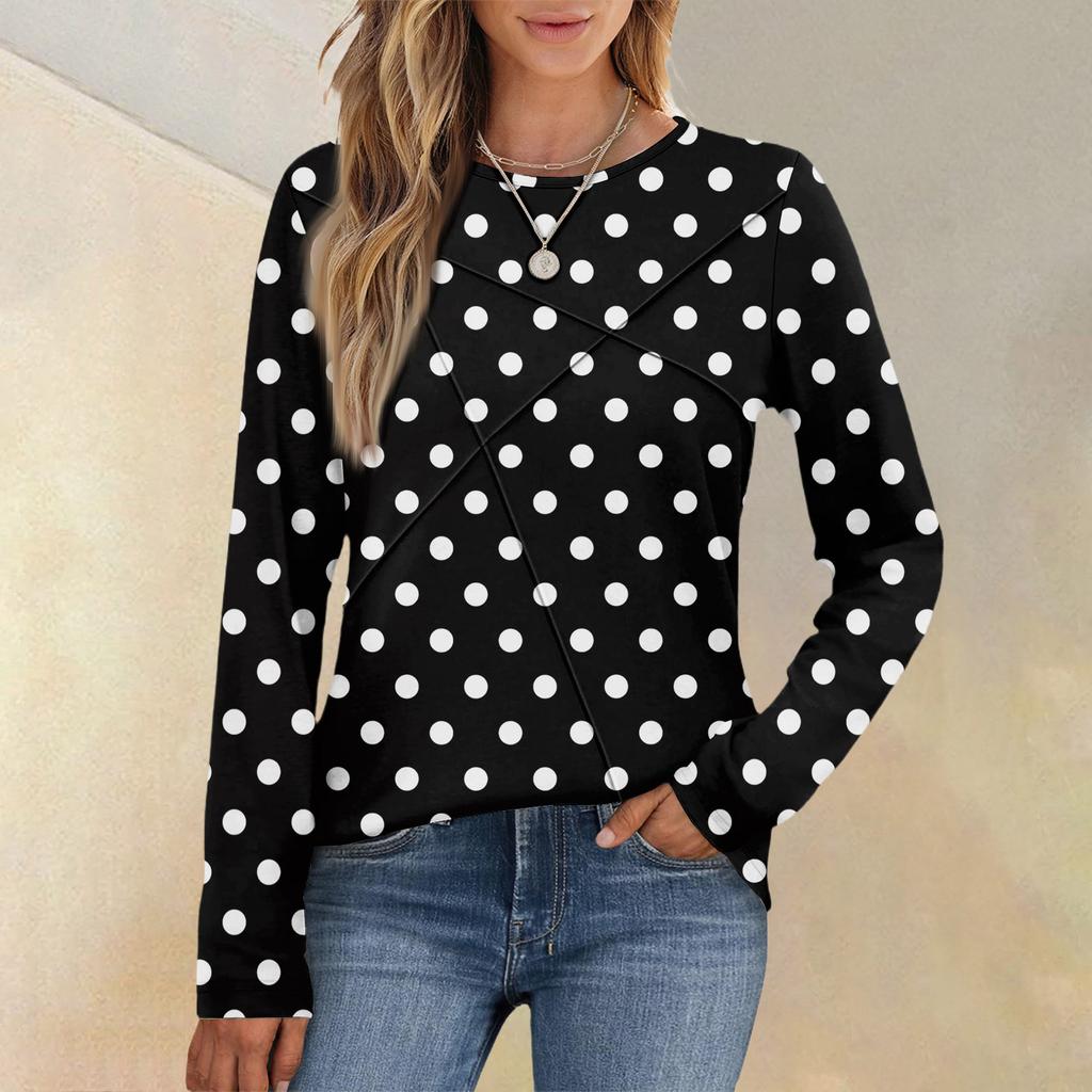 Fashion Women's Long Sleeve Round Neck Casual Pleated Retro Geometric Print Loose Top