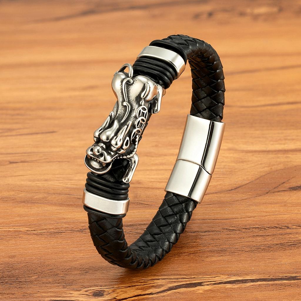 Leopard/Dragon Design Leather Braided Stainless Steel Bracelets Magnetic Buckle Rope Weaving Bracelet for Men Jewelry Gifts