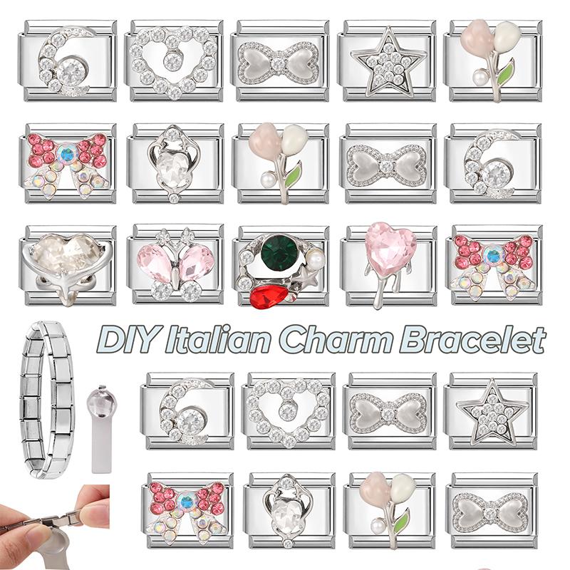 Shiny Zircon Bow Knot Cherry Heart Butterfly Pendant Italian Charm Links Fit 9mm Stainless Steel Bracelet Women DIY Making Gift