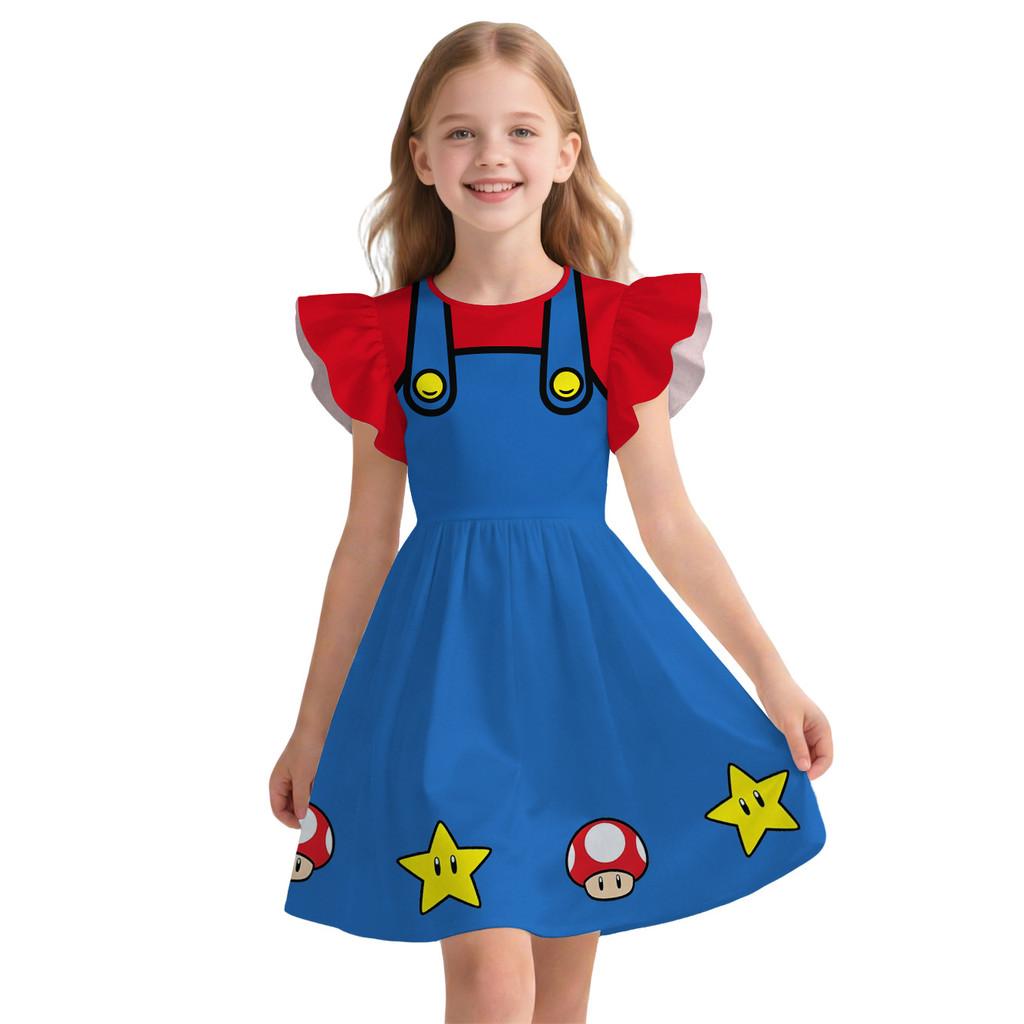 Carino Pigiamino da Bambina Super Mario con Manica Svasata Stile Principessa per Età da 3 a 8 Anni