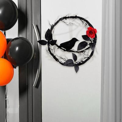 Halloween Wreath Raven with Lights Black Door Hanging Party Decoration for Garden