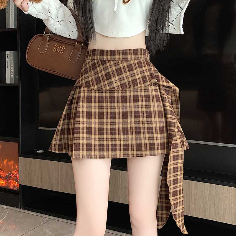 Trendy High Waist Brown Plaid Pleated Mini Skirt Comfort Regular Waist Skirt High Waist Plaid Pleated Skirt Preppy Style Bow Skirt S хаки