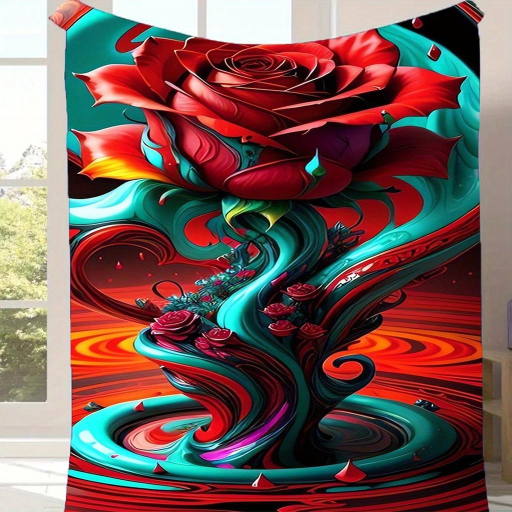 1pc Rose Print Blanket, Flannel Blanket, Soft Warm Throw Blanket Nap Blanket For Couch Sofa Office Bed Camping Travel