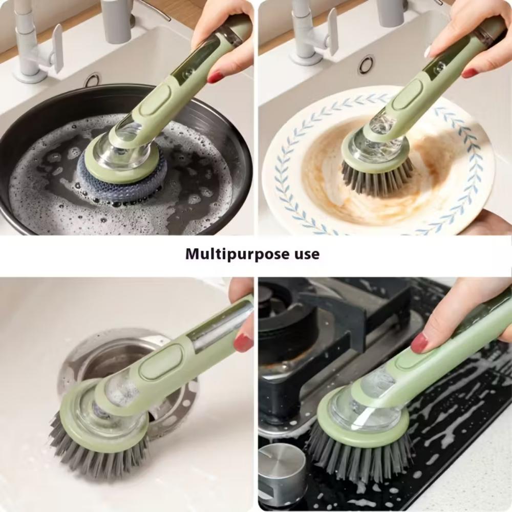 2 In 1 Press Type Automatic Liquid Outlet Cleaning Brush With Replaceable Head For Kitchen Cleaning Pots Pans Soap Dispenser