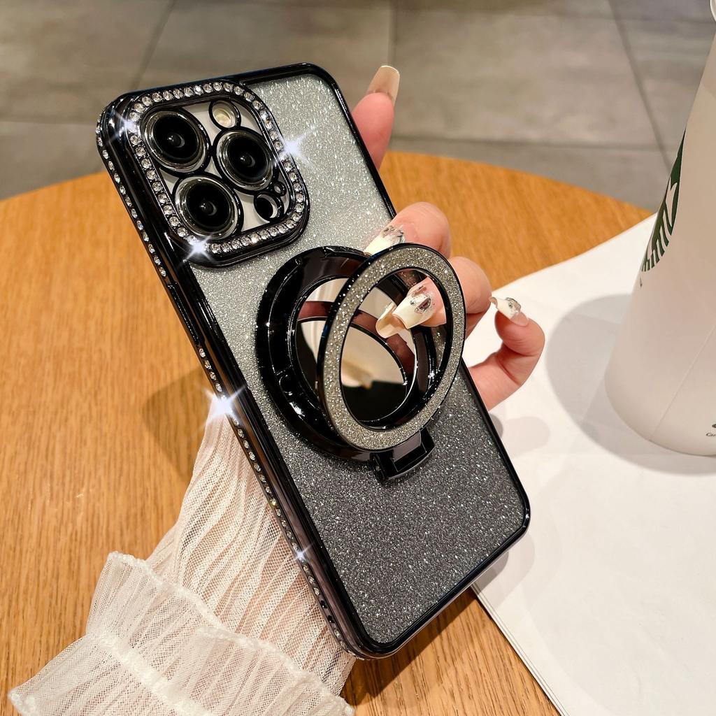 For iPhone 14 Pro Max Cover TPU Magnetic Phone Shell with Acrylic Mirror PC Kickstand Cover
