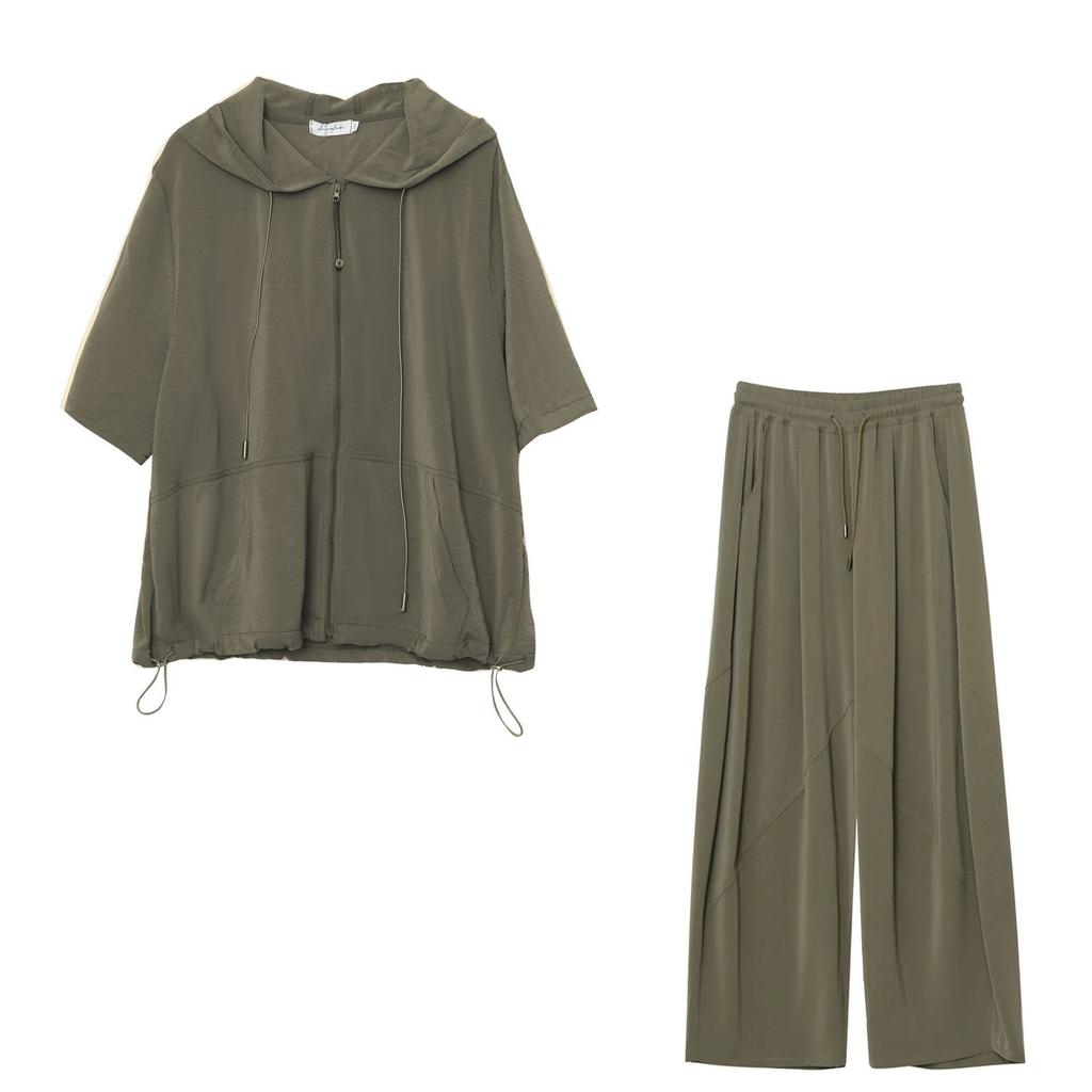 Women's Loose Two-Piece Pant Suit Short Sleeve Zip Up Hooded Jacket Wide Leg Pants Elegant Commuter Plus Size Matching Outfit Set