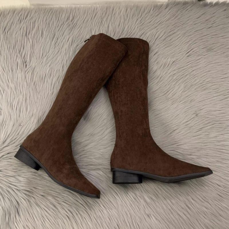 Solid Color Classic Designer Retro Women's Knee-high Boots Winter Fashion Square Low-heeled Shoes Slim Long Botas