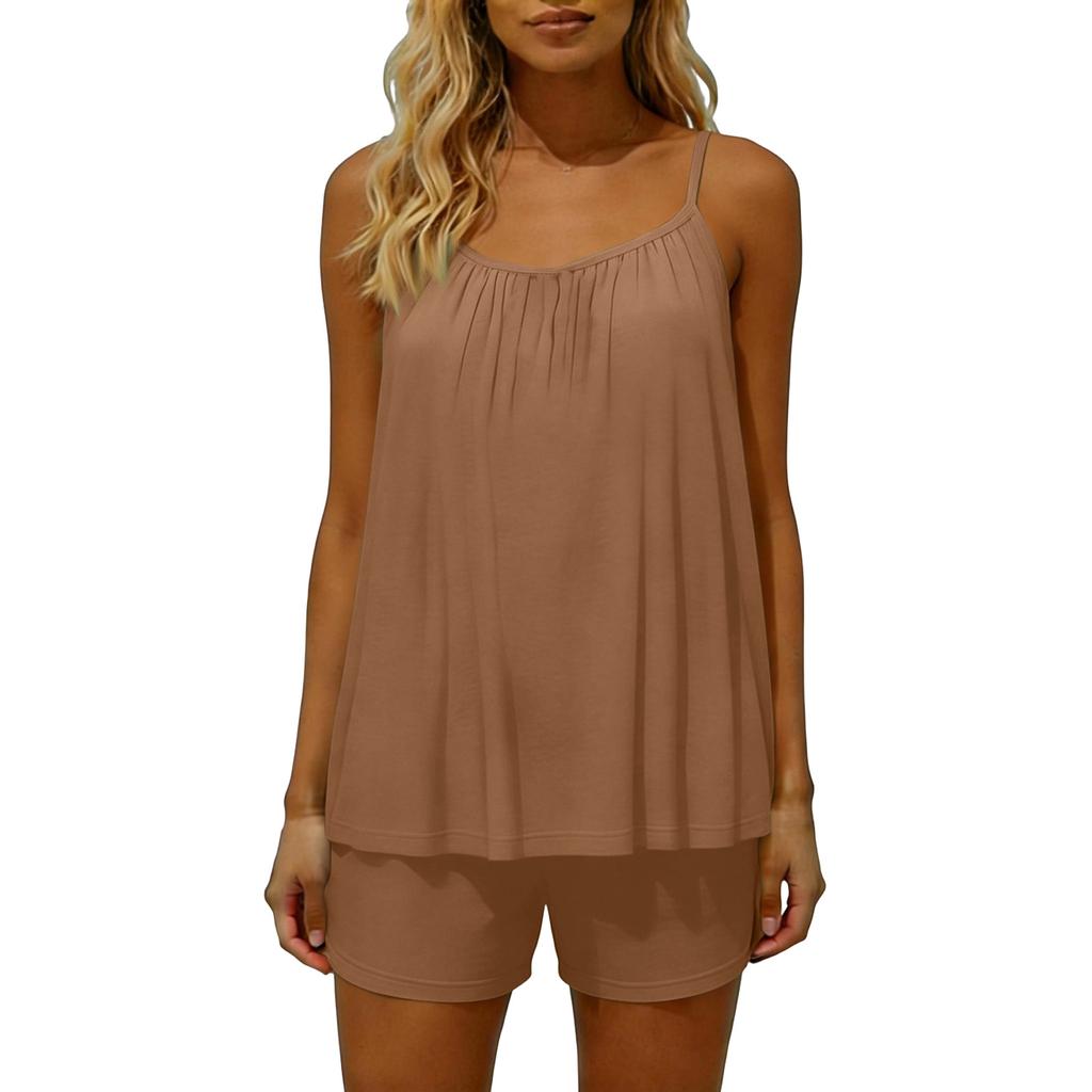 Women's Color Loose Fitting Backless Sleeveless Pullover Top And Elastic Waist, Pocketless Shorts Set.