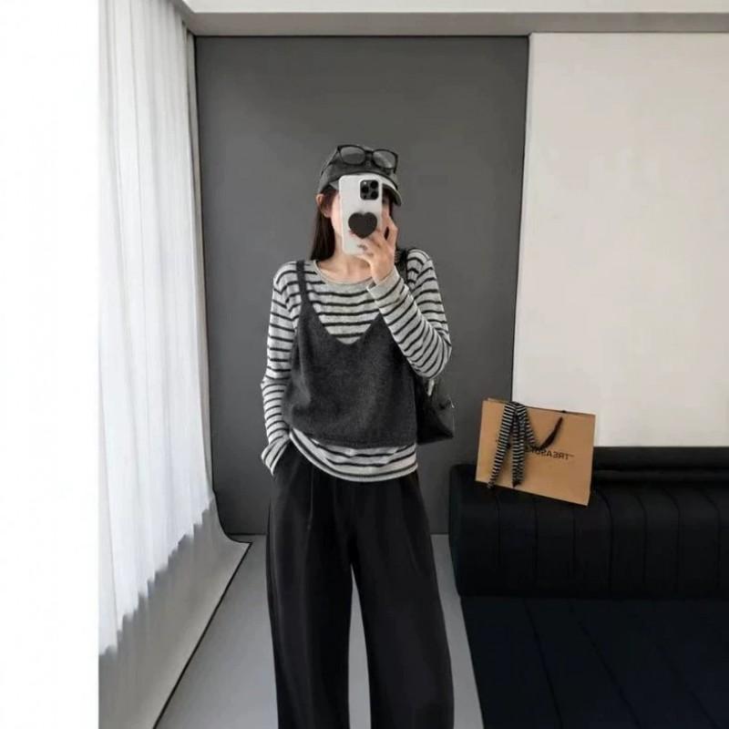 Womens Striped Knit Top Fake 2 Piece Long Sleeve V Neck Loose Fit Early Casual Sweater