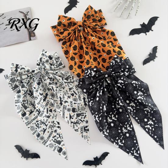 Halloween Bow Hairpin Spring Hair Clips for Women, Pumpkin Skeleton Ghost Hand Printed Clip Fabric Barrettes, Cute Horror Accessories Holiday