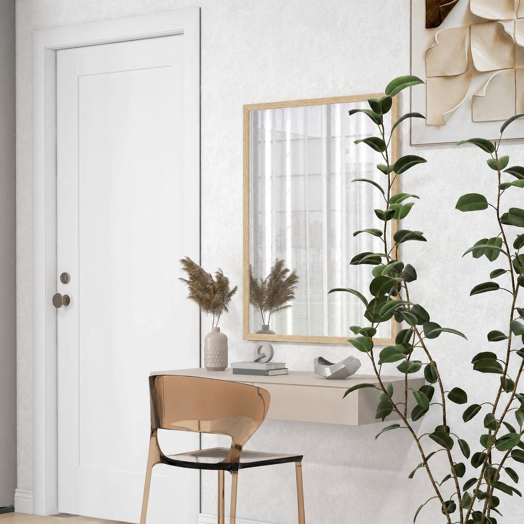 Rectangular Wall Mirror 90 X 70 Cm Wooden Frame Ideal For Bathroom Living Room Or Bedroom Natural
