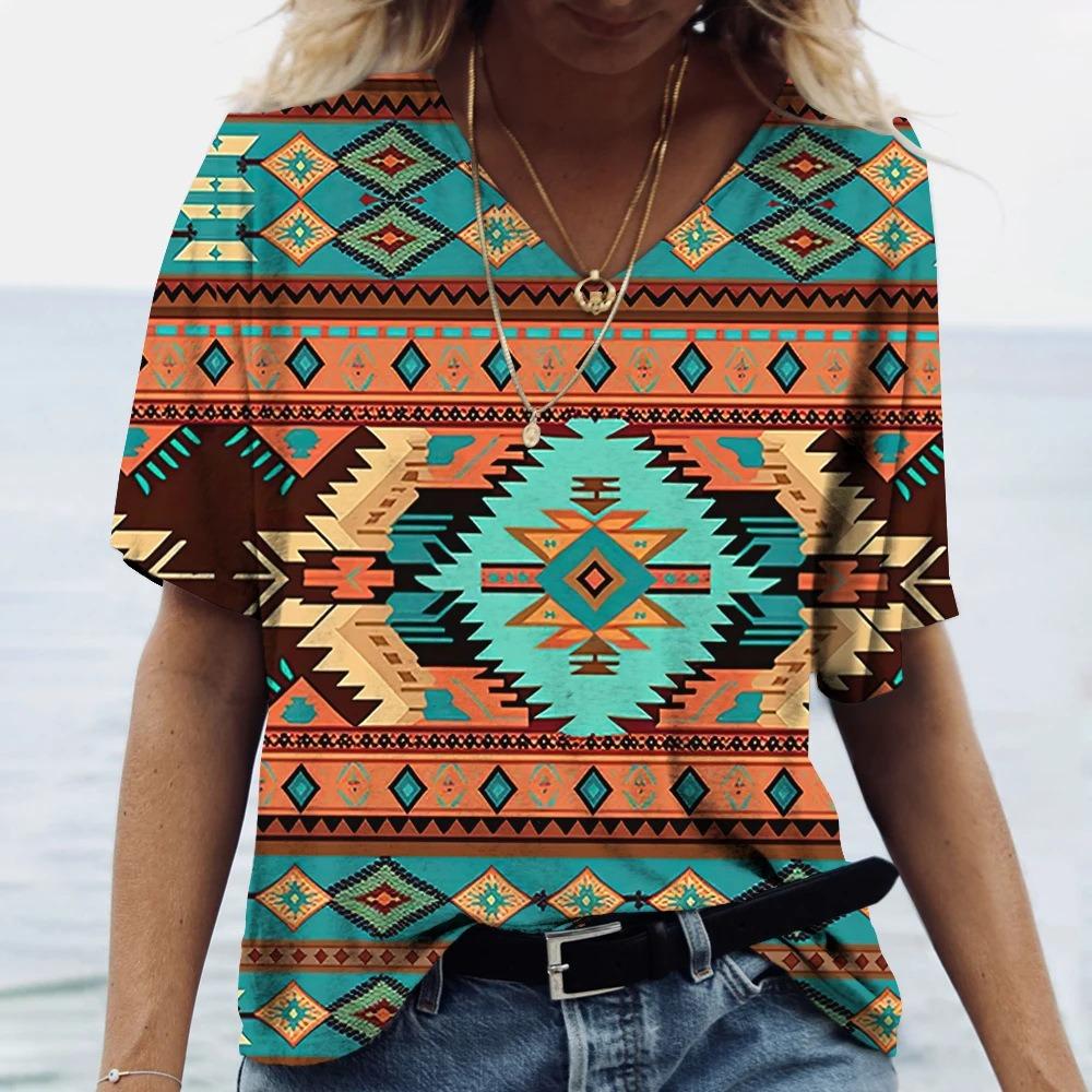 Retro Ethnic Style 3D Digital Printed Women's Fashionable V-neck Short Sleeved T-shirt