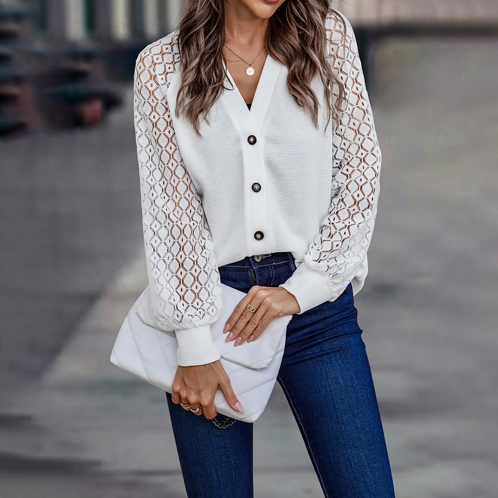 

Женское и зимнее модное пальто с V-образным вырезом, однотонное, на пуговицах, с кружевом и длинными рукавами S белый