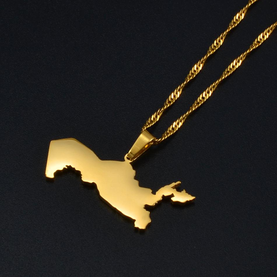 Anniyo Uzbekistan Map Pendant Necklaces Gold Color Jewelry Ozbekiston Patriotic Maps #214921