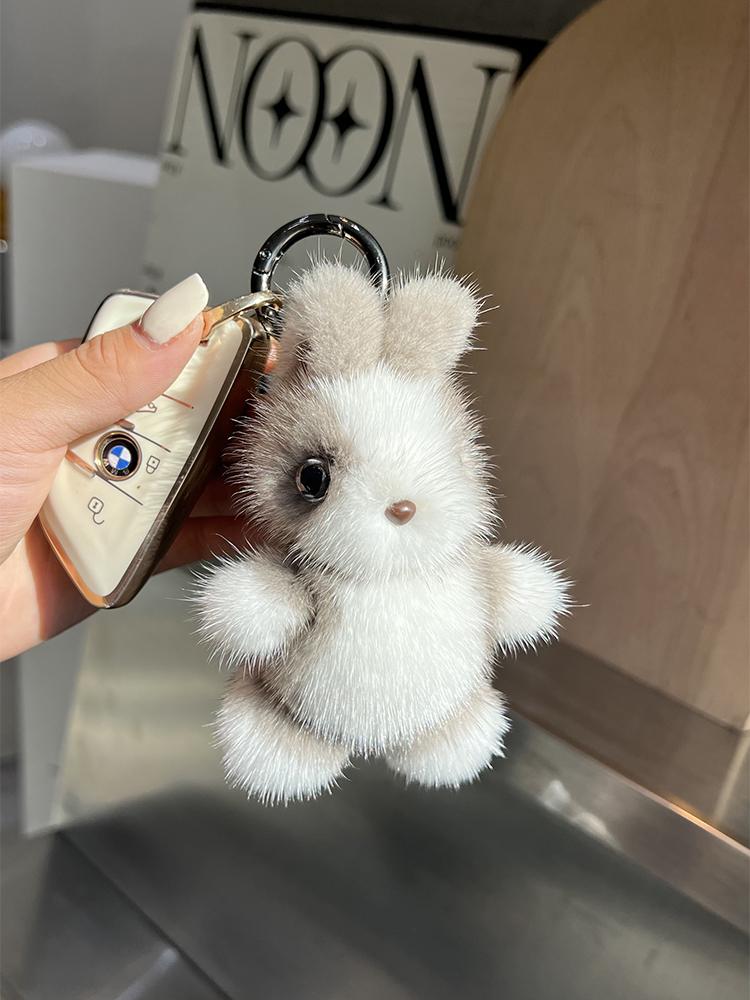 Cute Rabbit Real Mink Fur Key Chains Plush Bunny Toy Girls Schoolbag Charm Ornaments Women Car Keyrings Rearview Mirrors Pendant