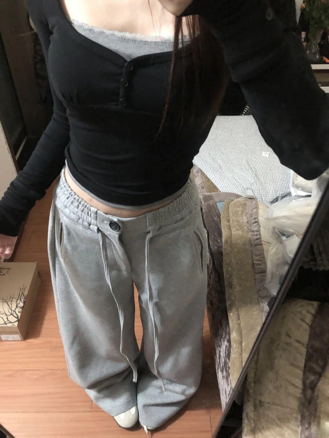 

Женские ретро серые широкие спортивные штаны - Раннеосенние брюки свободного кроя на кулиске Extra Large