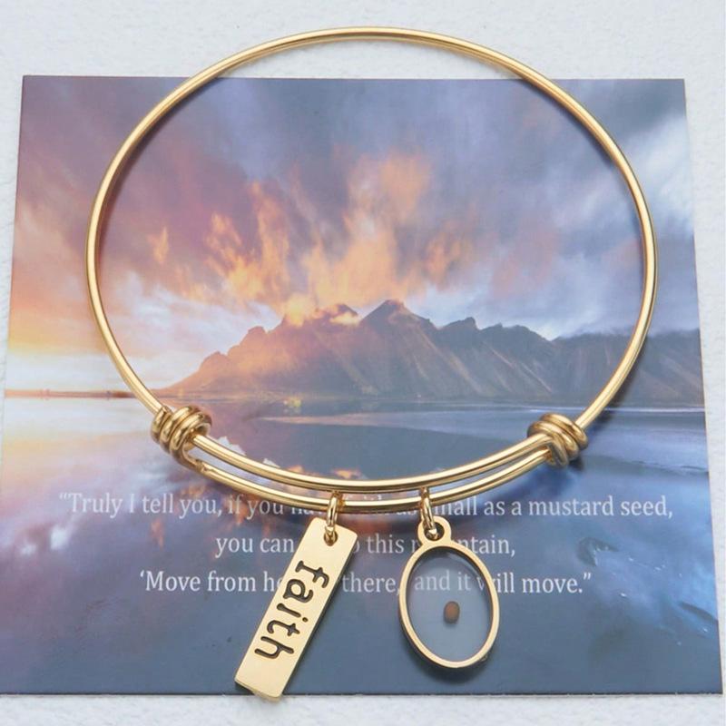 

Belief Elliptical Stainless Steel Adjustable Stretch Bracelet Mustard Seed Necklace Decoration золотой