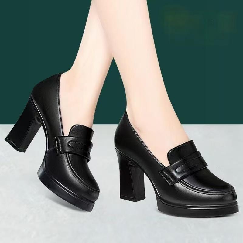 

Черные туфли на высоком толстом каблуке с круглым носком, водонепроницаемая платформа, новая женская кожаная обувь, мягкая кожа, одинарные туфли, не вызывающие усталости 40 чёрный