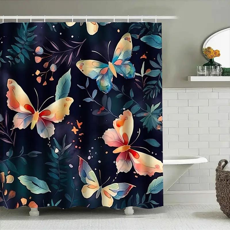 Vivid Butterfly Floral Shower Curtain Waterproof Decorative Bathroom Hanging Wall Home Decor Soft Fabric Printed Watermelon Desi