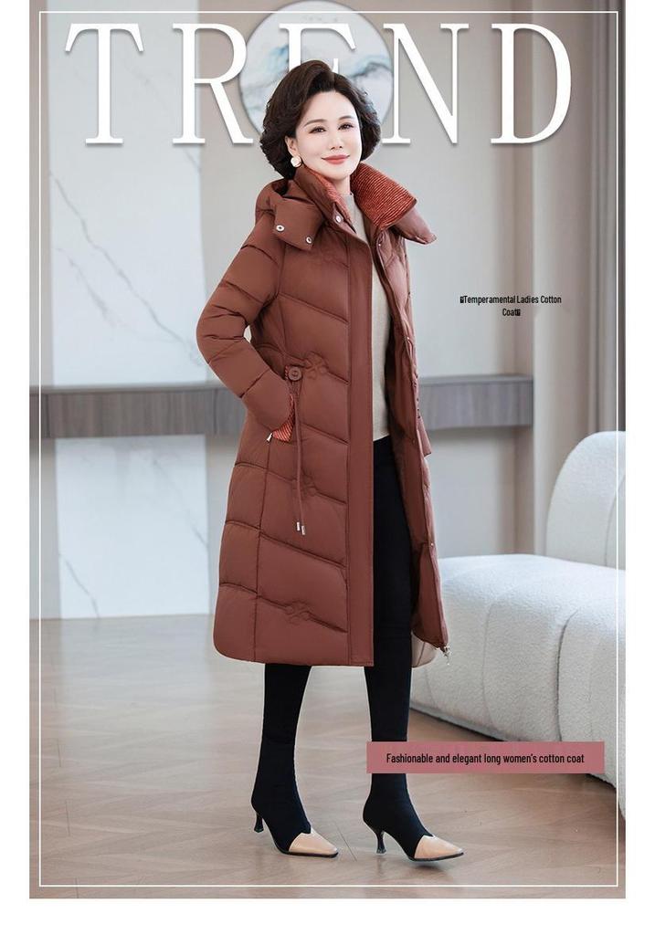 Women's XL-7X Down Cotton Long Jacket - Over-the-Knee Slimming Outerwear for Middle-Aged and Elderly