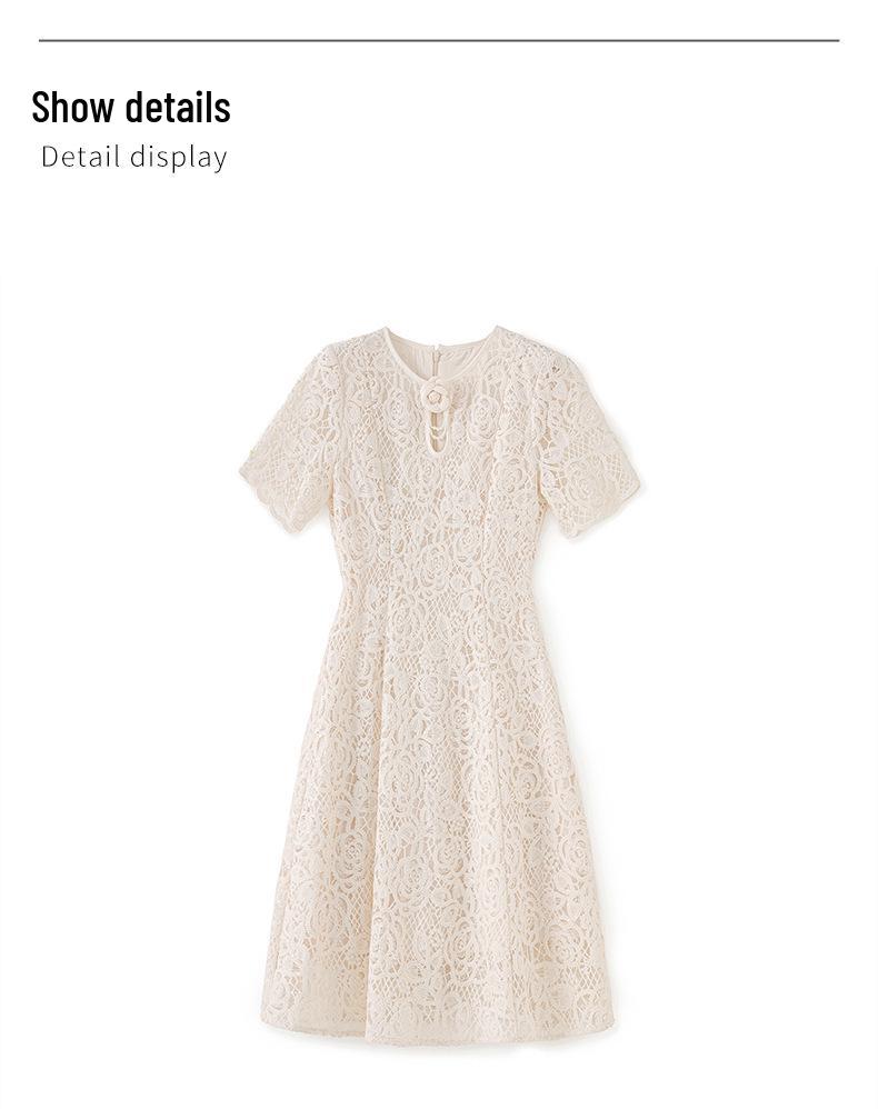 French Sequin Embroidered Lace Dress, Round Neck, Elegant Waist-Gathering, Summer Style for Women.