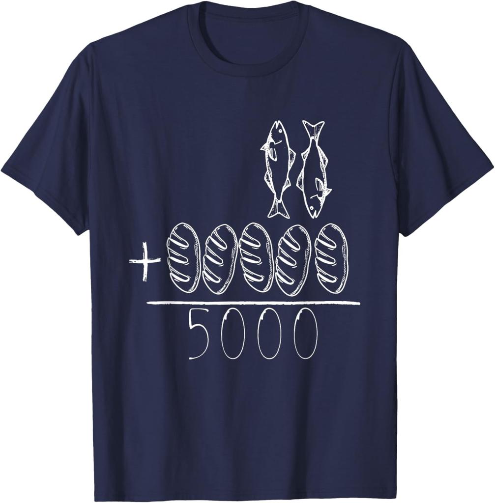 Die Speisung der 5000 Wunder Fisch Brot Jesus Christliche Bibelvers Grafik T-Shirt Herren Freizeit Kurzarm