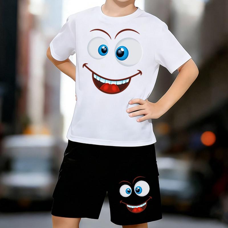 

Boys 2 Piece Cartoon Smiley Print Outfit, Short Sleeve T-Shirt and Shorts Set for Kids Age 5-14, Black and White Sporty Casual Summer Clothes 13-14 Years