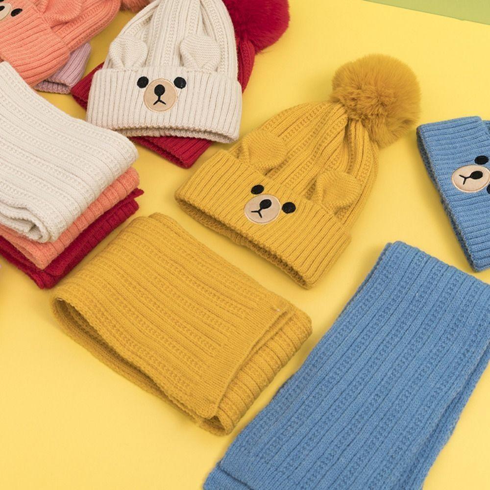 Knitting Wool Beanie Cartoon Warm Knitted Cap Comfortable Bear Children Scarf Hat Set Baby