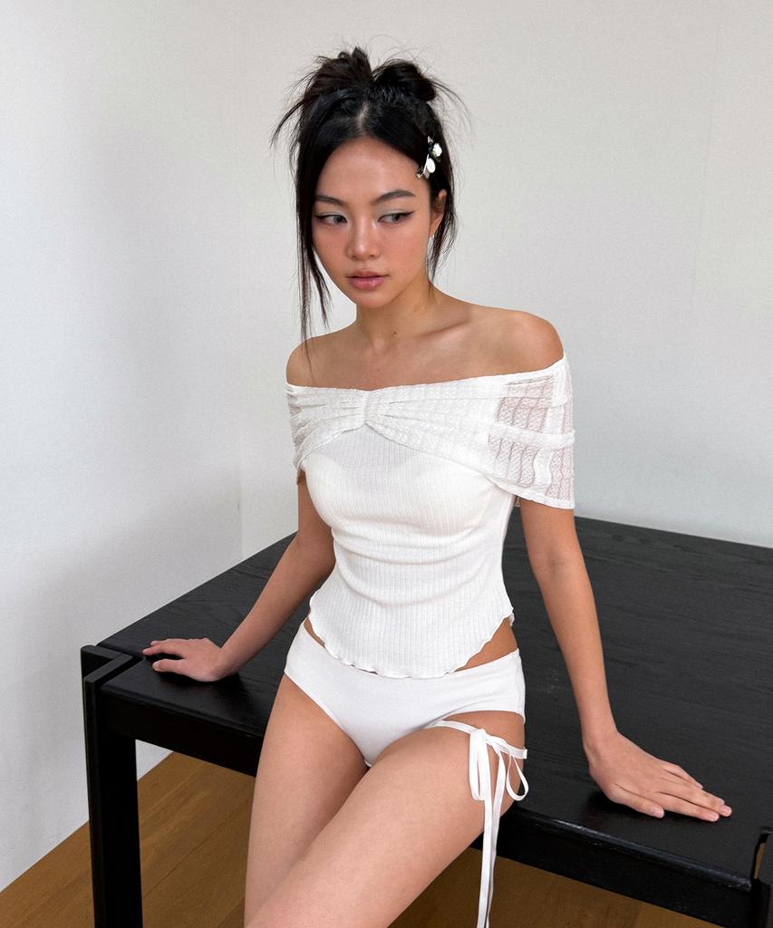VINAJ Lace Shirred Off-Shoulder Sleeveless Cover-Up (White)