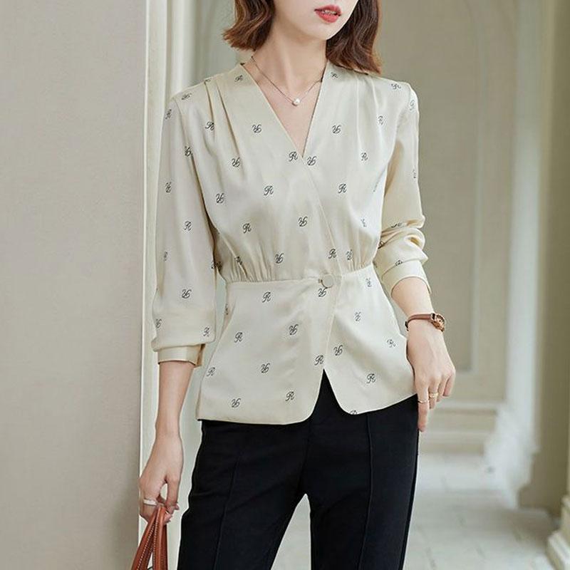Casual Single Button V-Neck Shirt Commute Letter Printed Women's Clothing Long Sleeve Spring Autumn Stylish Waist Spliced Blouse