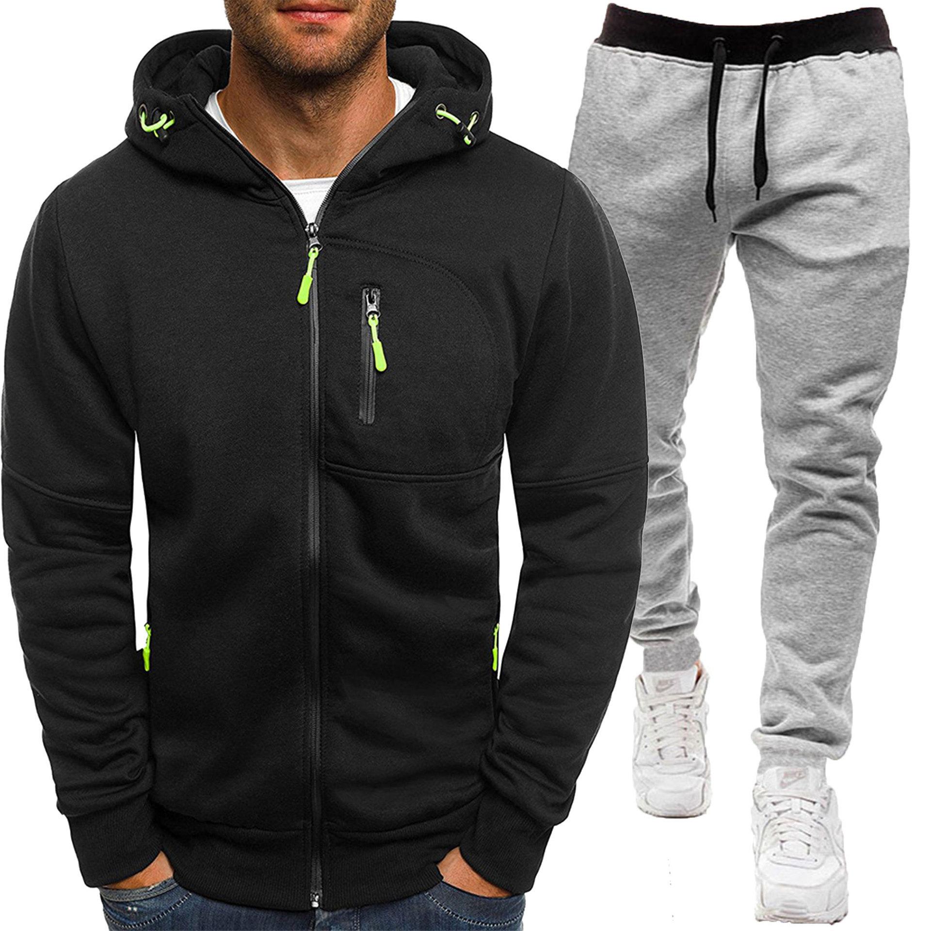 

Men s Sports Fitness Casual Zipper Sweatshirt Cardigan Hooded Jacket Solid Color Sweatpants Set S чёрный