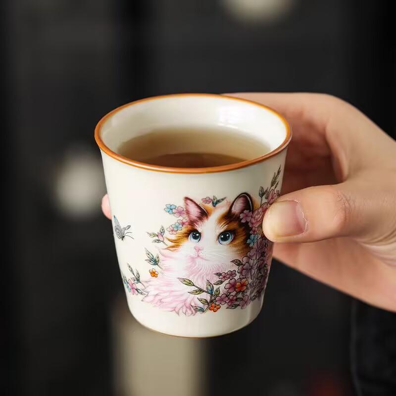 Ru Kiln Persian Cat Teacup Master Cup Single Cup Ceramic Tea Cup Tea Cup Household High-End Tea Cup Small Coke Cup