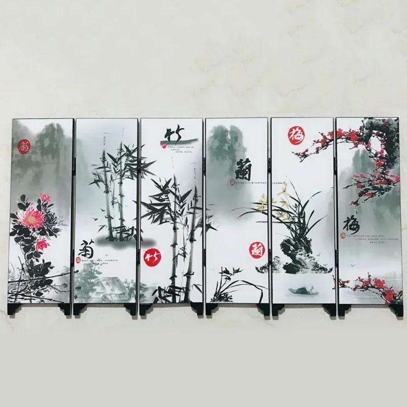 Mini Folding Screen Chinese Style Gift View Home Tabletop Decoration Doll Room Partition Divider 6 Panels Vintage Wood Screen