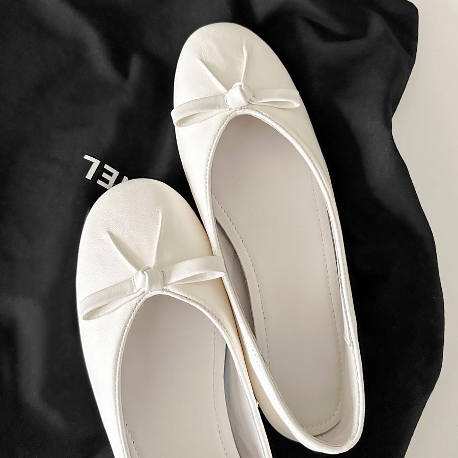 Sheepskin version~ round head French bow ballet shoes women's shallow mouth one pedal temperament flat Mary Jane single shoes