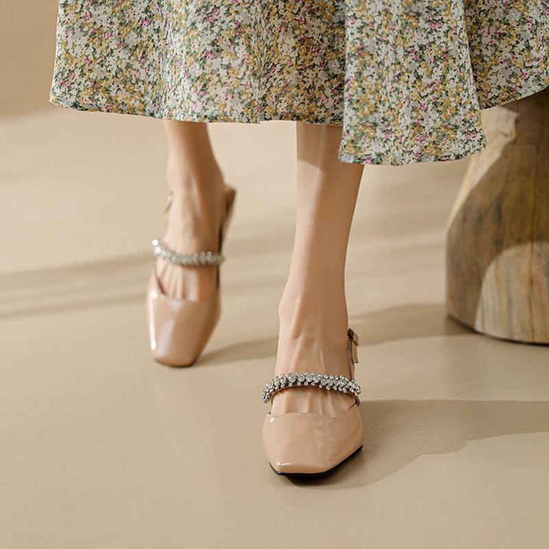 Summer Ladies Sandals Natural Leather Sheep Patent Leather Upper Women Sandals Buckle Square Toe Heel Shoes