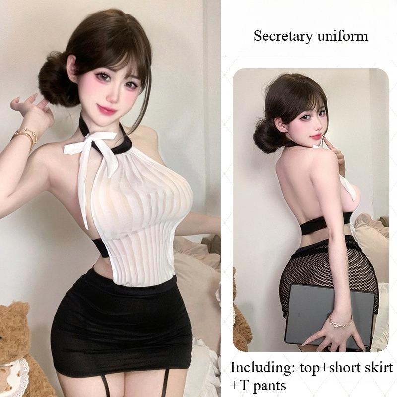 Ladies' Sexy Lingerie Tight Fitting Hip Hugging Skirt Pure Desire Secretary Uniform Temptation Perspective Hollow Out Set