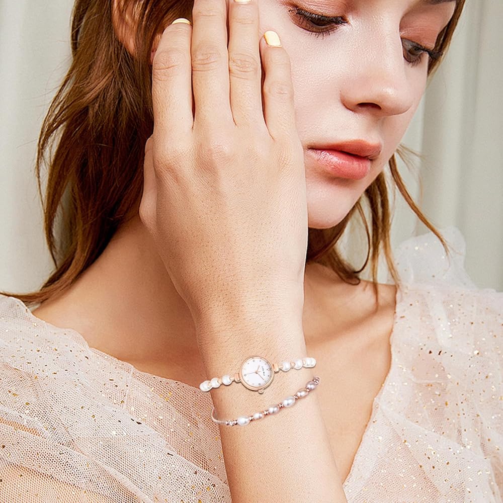 "Fashion Pearl Bracelet Watch Analog Display 3ATM Waterproof Stainless Steel Bangle Rose Gold Women's Accessories"