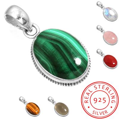 925 Sterling Silver Pendant Women Gemstone Handmade Jewelry Anniversary Gift Malachite Moonstone Rose Quartz Red Stone Smoky Topaz Tiger Eye Solitaire