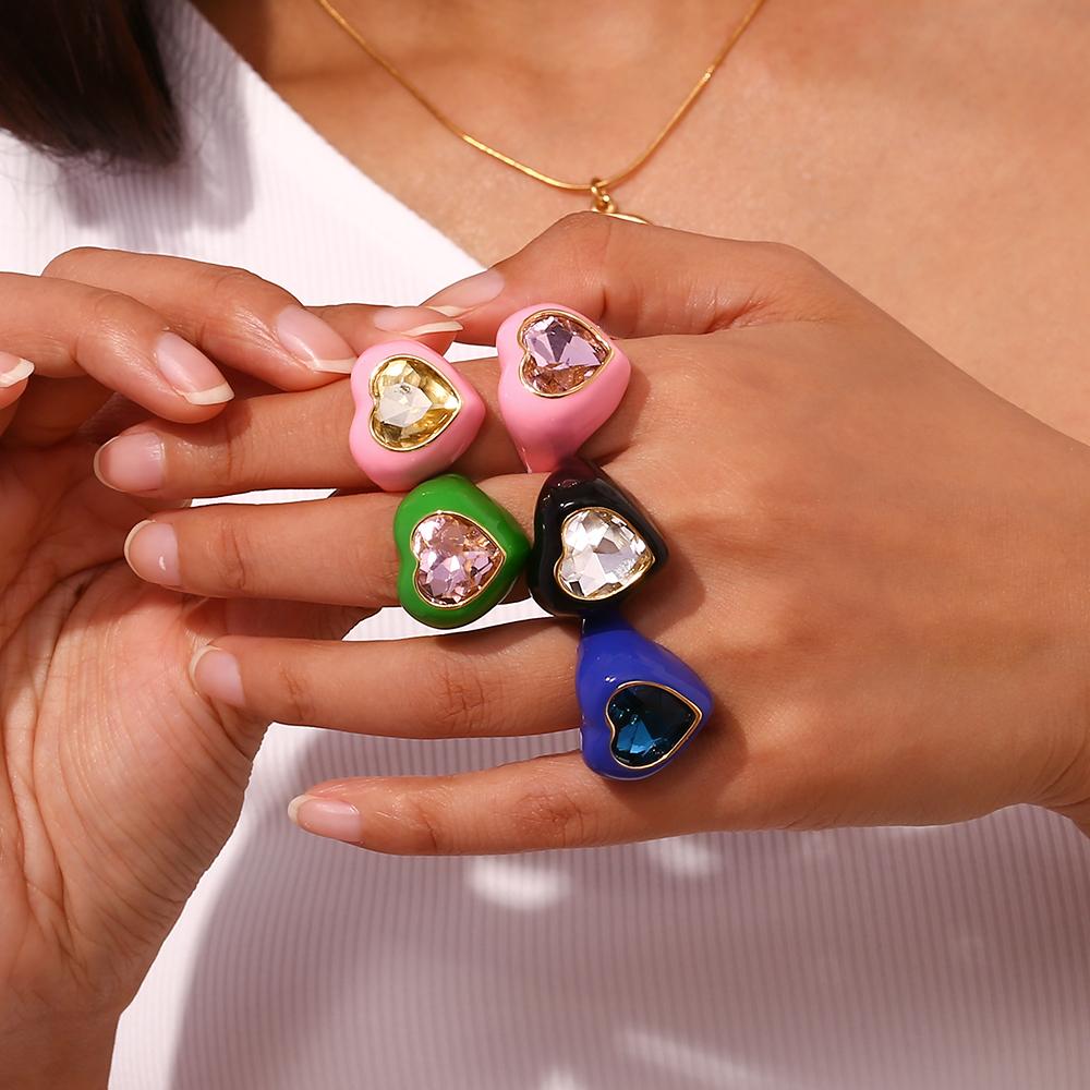 MamacitaSlay Süß und Bunt Emaille Edelstahl Herz Strass Offener Ring Party Trend Wasserdichter Schmuck Damengeschenk