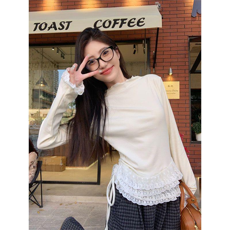 

Korean-Style Semi-High Neck Lace Slim Fit Long Sleeve Top for Women Medium