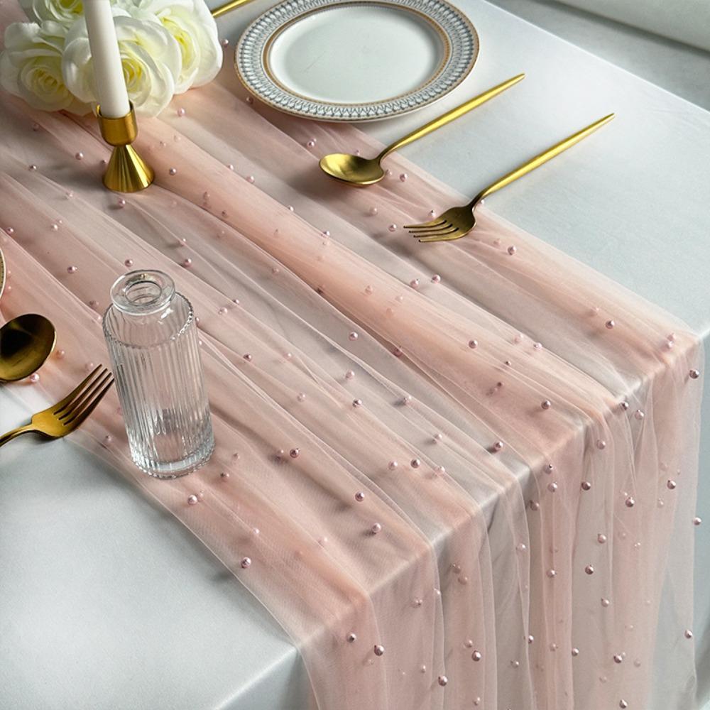 

Bohemian Pearl Table Runner Tulle Table Cloth Outdoor Party Tablecloth Dessert Table Decor
