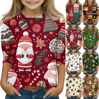 Children's 3/4 Sleeve Round Neck Top Christmas Tree Printed Everyday Casual Top