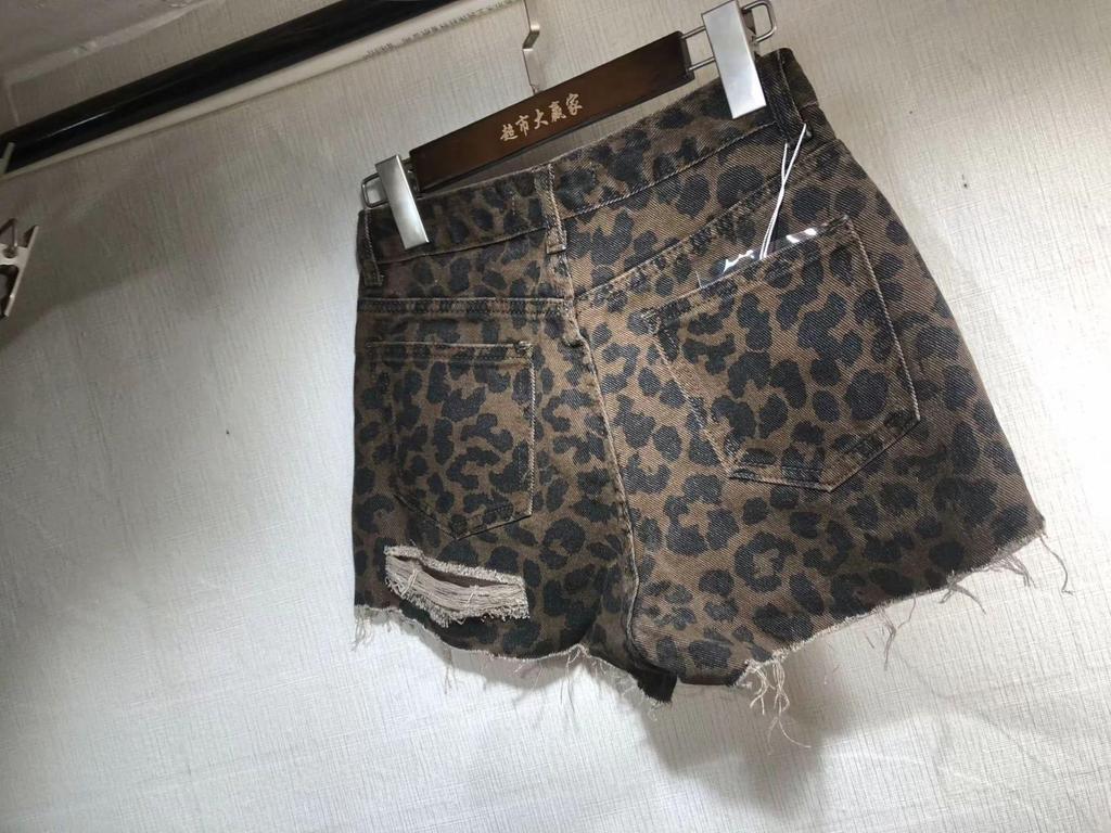 Women's Summer High Waist Leopard Print Ripped Denim Shorts