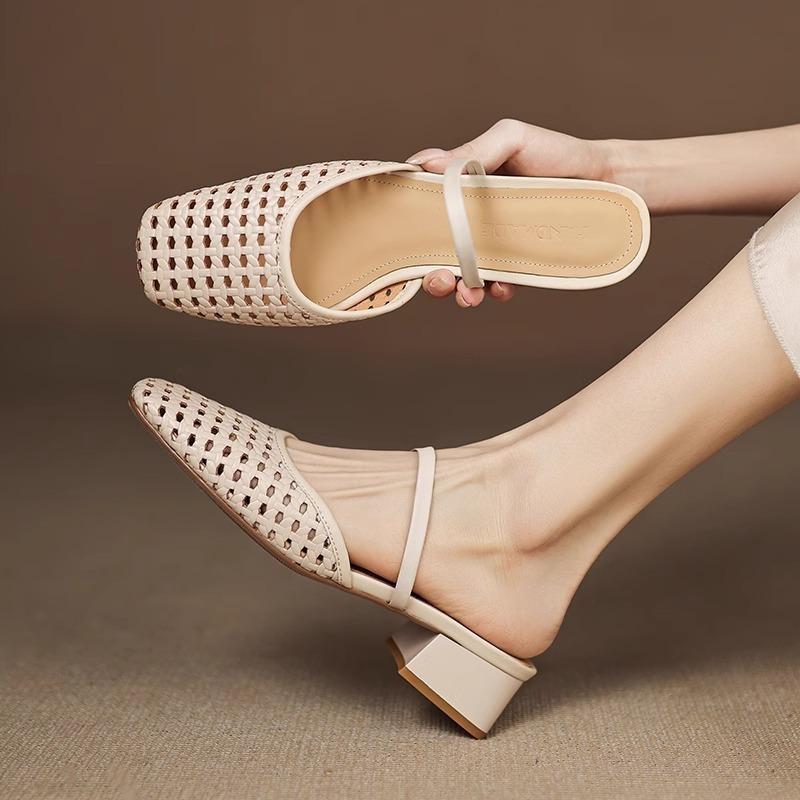 Women's Shoes Square-toed, Flip-top Half-slipper Thick-heeled Retro Woven Hollowed-out Sandals