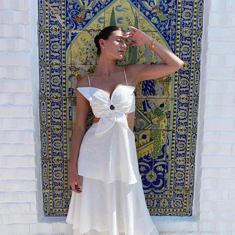 White Flower Sling Dress Women Hollow Out Sleeveless Backless Ruffles Party Long Holiday Dresses Female