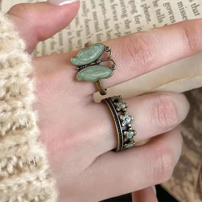 Adjustable Vintage Silver Color Butterfly Flower Opening Ring For Women Men Punk Hip Hop Metal Finger Rings Jewelry Gift