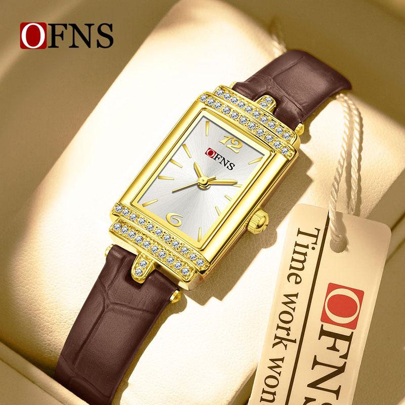 OFNS Women's Luxury Square Leather Strap Watch - Waterproof Quartz with Diamond Detailing