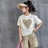 Summer Girls Heart T-Shirt + Khaki Shorts Set Child Short Sleeve Top and Bottom Clothes Set 2Pcs Korean Kids Suit