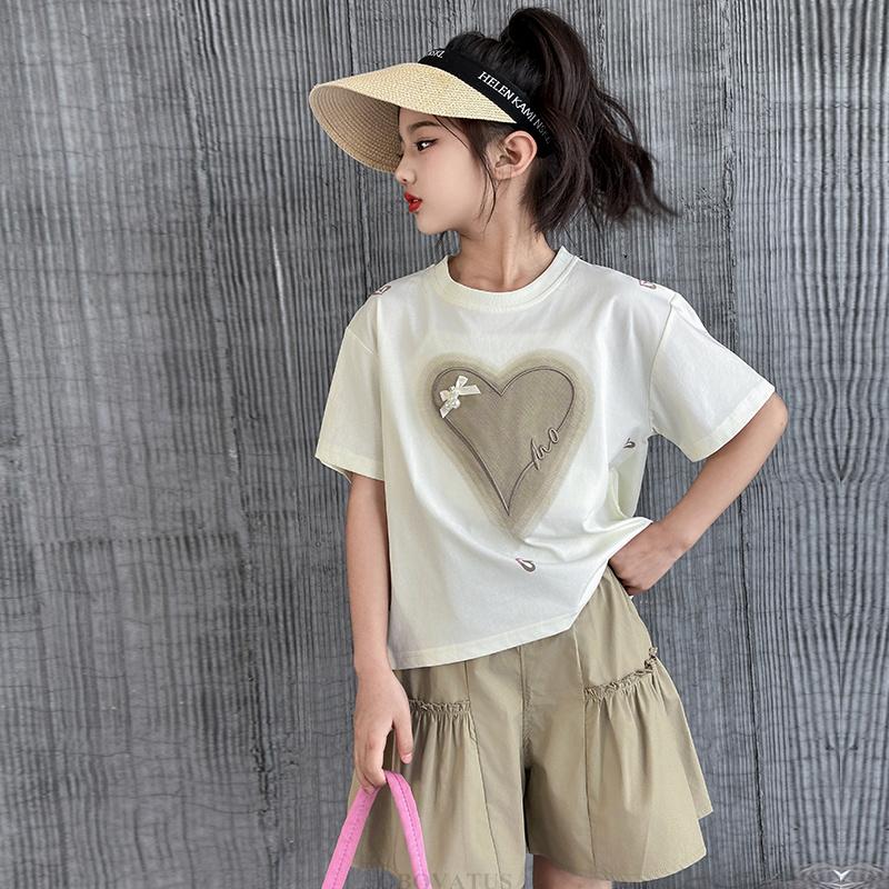 Summer Girls Heart T-Shirt + Khaki Shorts Set Child Short Sleeve Top and Bottom Clothes Set 2Pcs Korean Kids Suit